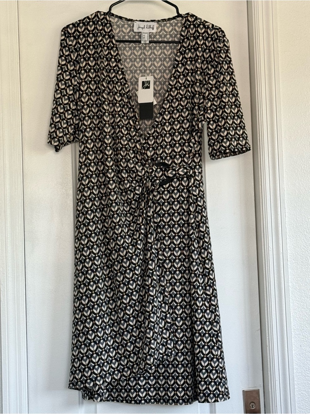 Joseph Ribkoff Black & Cream Geometric Wrap Midi Dress